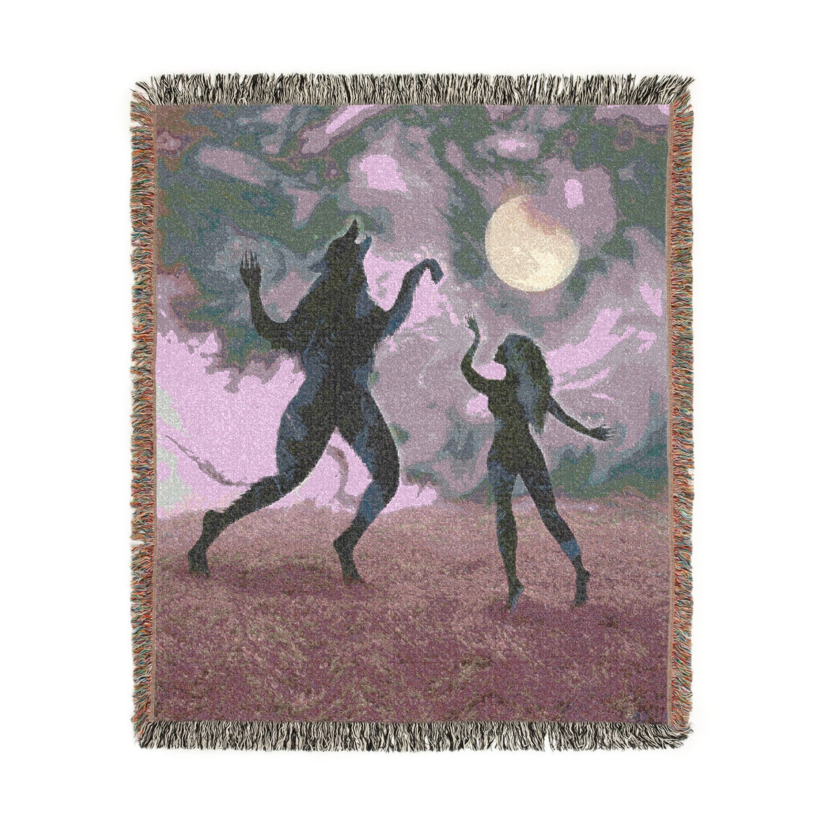 Woven blanket in purple hues design featuring a person and wolf dancing under the moon.