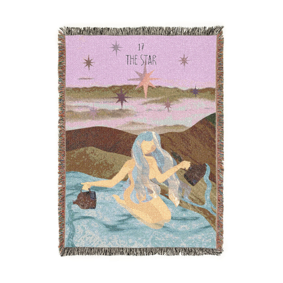 Woven blanket with artistic design of figures and stars on a white background, the star card from the star seeker tarot.