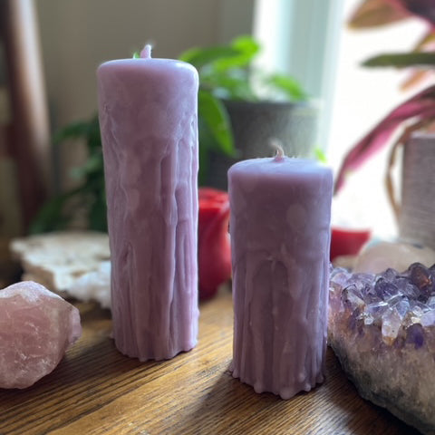 The candle in this listing is the taller version to the left. Pictured with our Chrysalis I for size comparison.